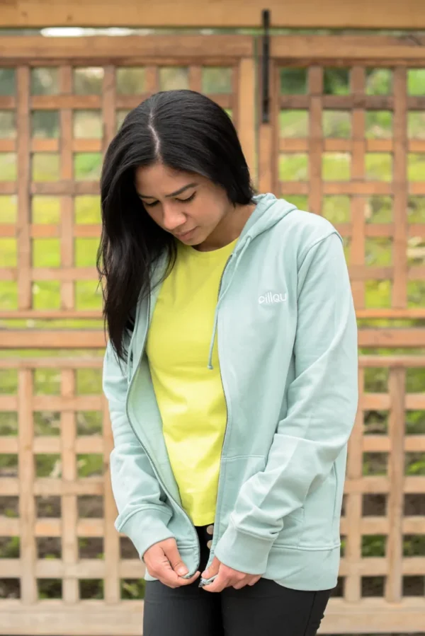 Polerón Hoddie unisex Verde con cierre hecho con algodón orgánico y poliéster reciclado - Pillqu - Imagen 2