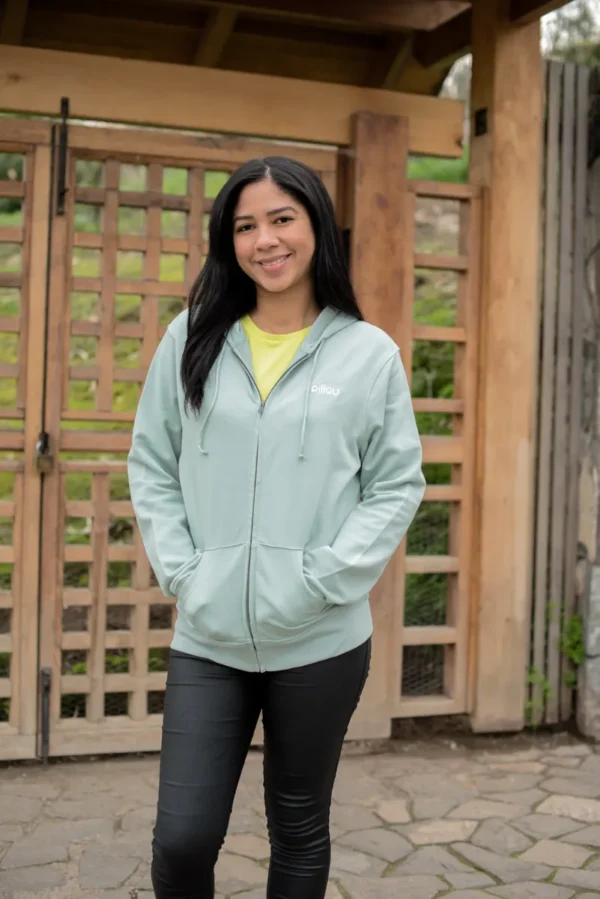 Polerón Hoddie unisex Verde con cierre hecho con algodón orgánico y poliéster reciclado - Pillqu - Imagen 3